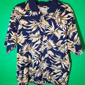 Cooke Street Mens Large Polo Shirt Navy/Tan Cotton Golf Hawaiian Aloha Tropical